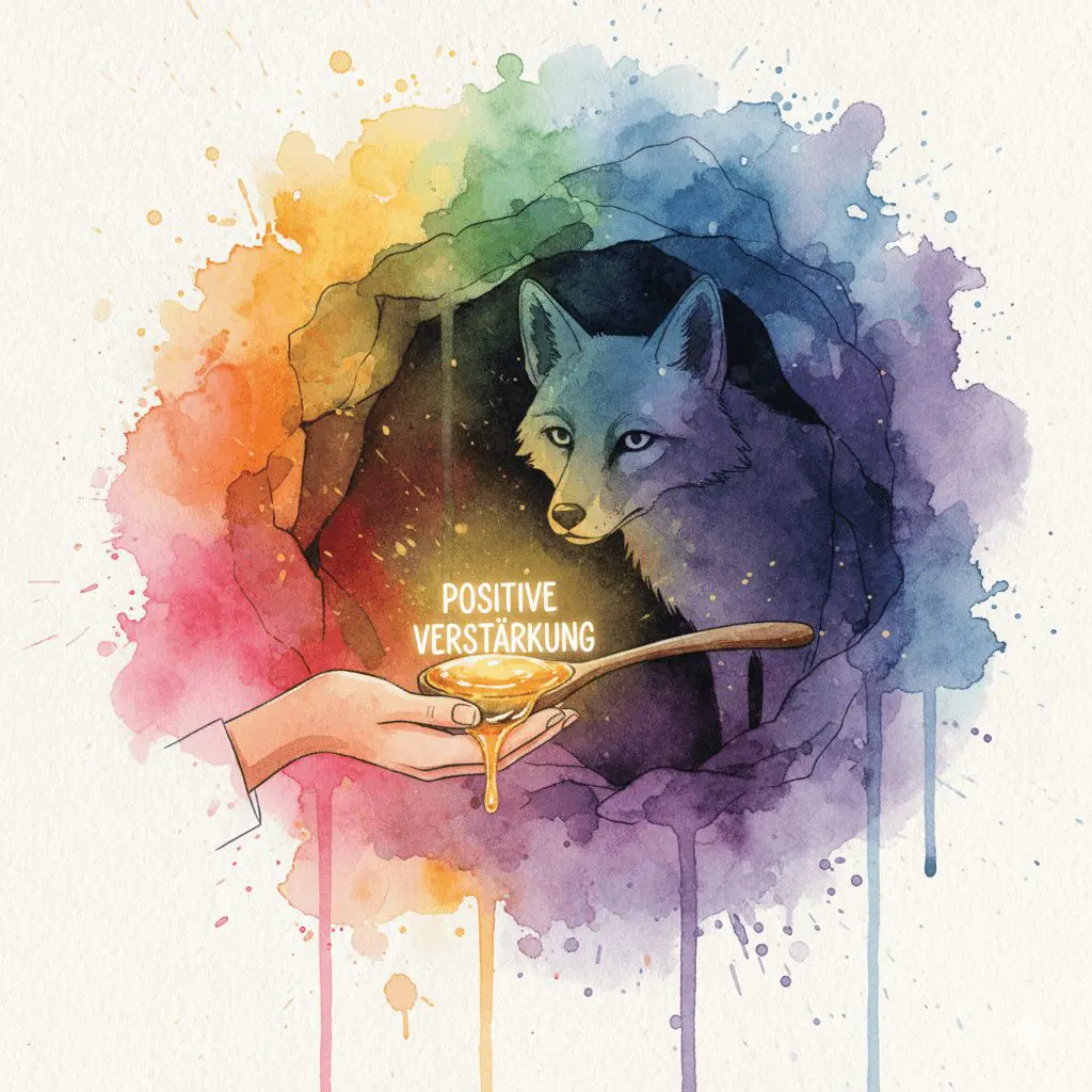 Eine Person lockt ein Tier mit Honig statt mit einer Peitsche, als Symbol für die positive Verstärkung der CRAFT-Methode für Angehörige.