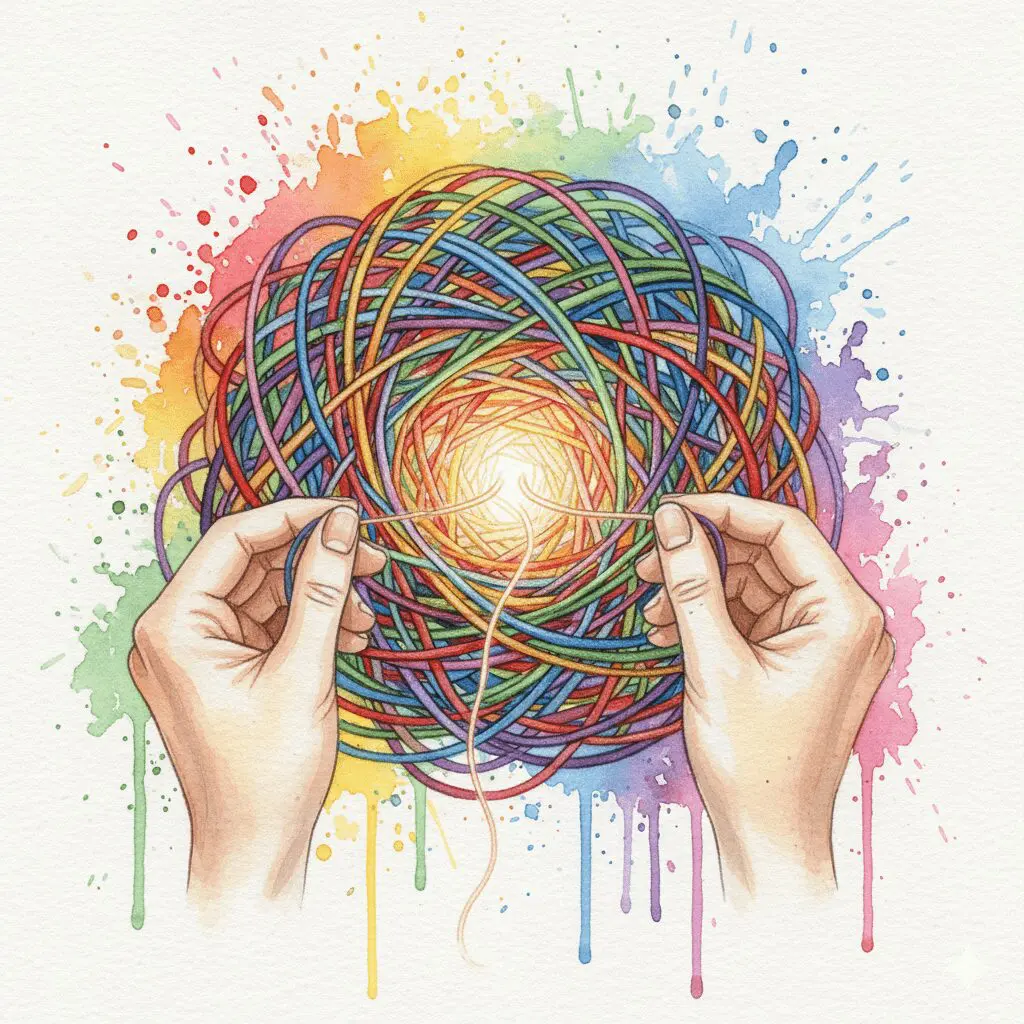 Hände entwirren geduldig einen chaotischen Wollknäuel. Symbol für das Verstehen der Sucht durch die Funktionsanalyse.