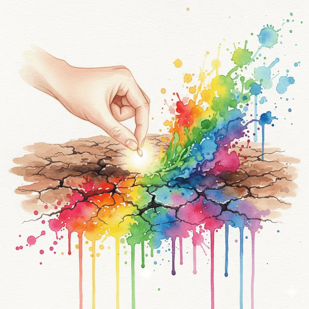 Eine Hand pflanzt einen leuchtenden Samen in trockene Erde. Symbol dafür, wie ein einziges positives Wort Veränderung bewirken kann.