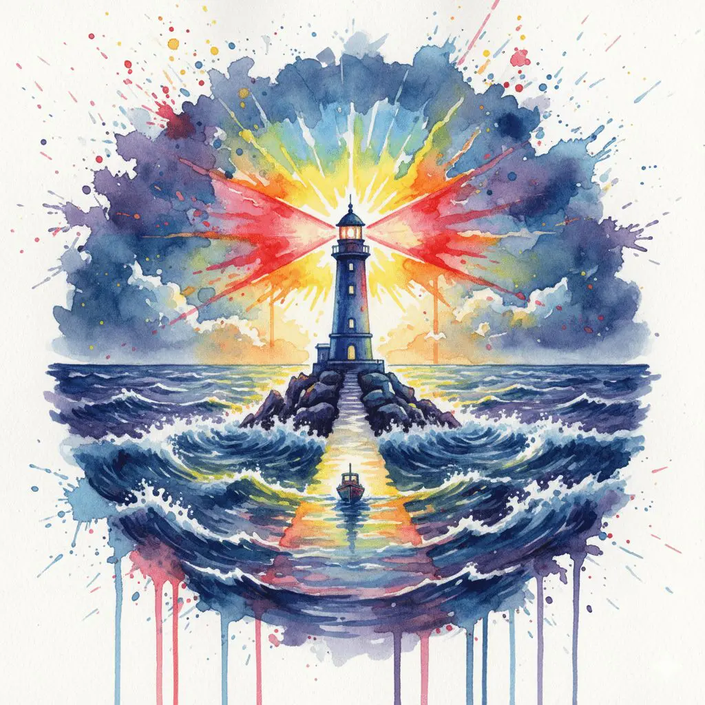 Ein starker Leuchtturm, der inmitten eines Sturms hell leuchtet. Symbol für den Angehörigen, der durch innere Stärke und Klarheit Orientierung gibt.