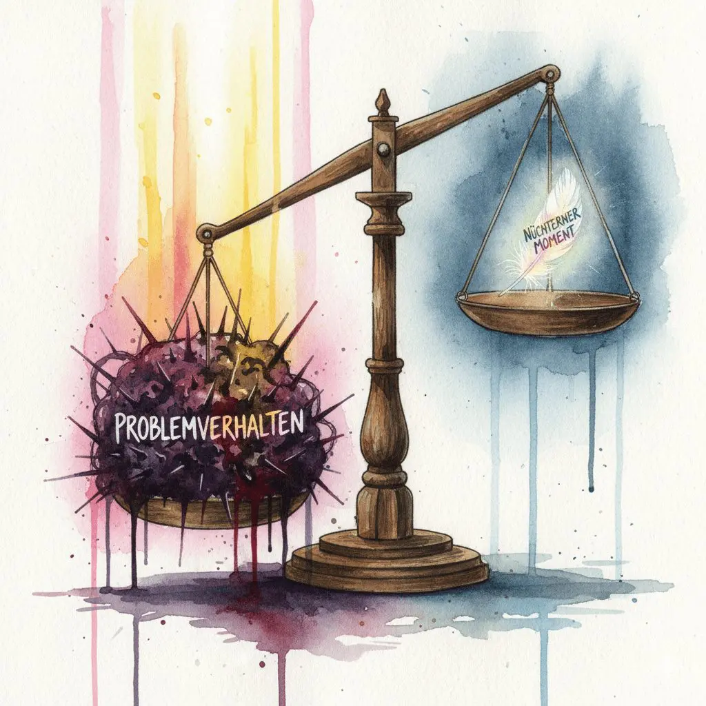 Eine Waage, bei der die ganze Aufmerksamkeit auf dem Problemverhalten liegt und nicht auf dem positiven Moment. Symbol für den Fokus-Shift bei Angehörigen.