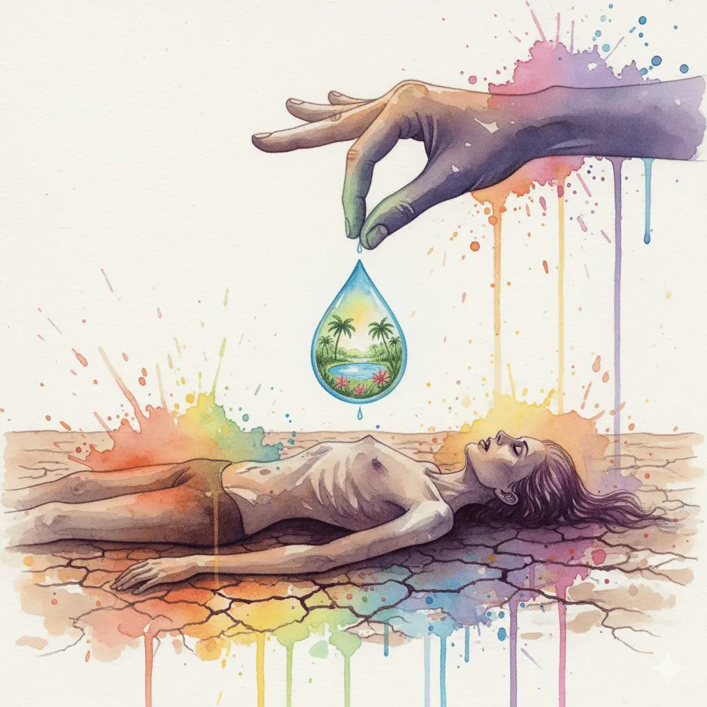 Ein Tropfen Wasser in der Wüste. Symbol für die lebensrettende Wirkung einer kleinen, unerwarteten positiven Geste für einen Süchtigen.