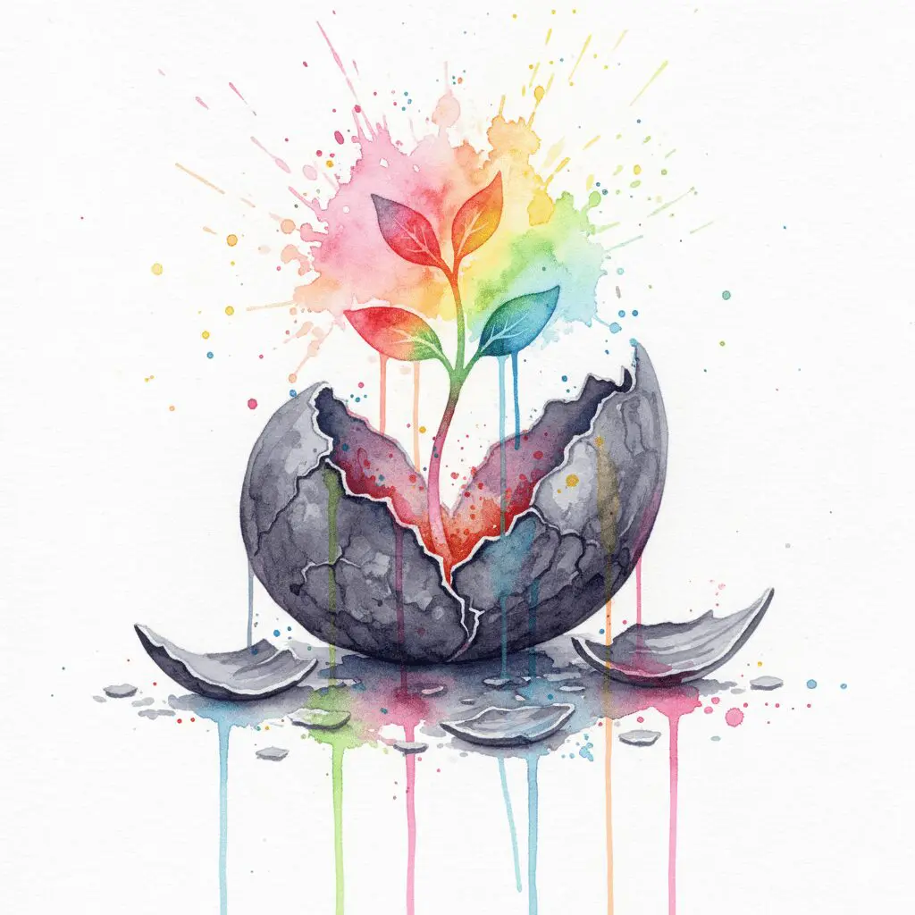 Ein leuchtender Keimling, der aus einer zerbrochenen Schale wächst. Symbol für persönliches Wachstum durch schmerzhafte Krisen.