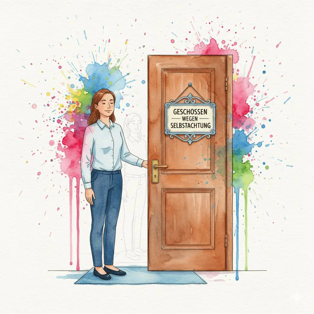 Eine Person, die eine Tür mit einem "Geschlossen wegen Selbstachtung"-Schild schließt, als Symbol für das wiedererlangte Selbstwertgefühl durch Grenzen.