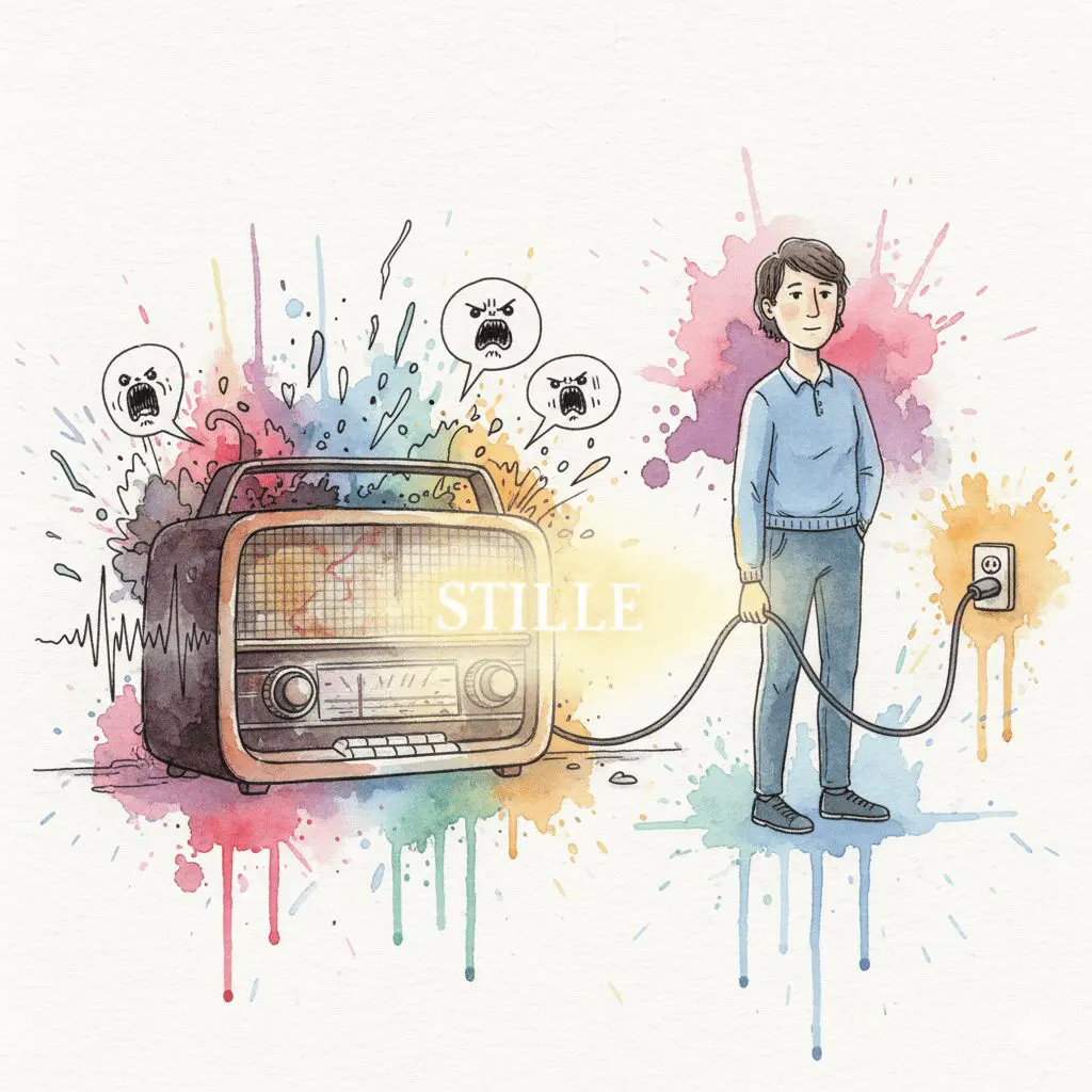 Eine Person zieht den Stecker eines lauten Radios, als Symbol für das strategische Beenden eines sinnlosen Streits mit einem Süchtigen.