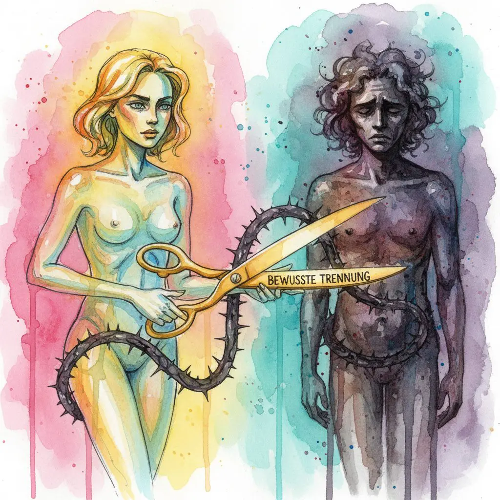 Eine Person, die eine dunkle Nabelschnur zu einer anderen Person durchtrennt, als Symbol für emotionales Detachment und das Loslassen in einer co-abhängigen Beziehung.