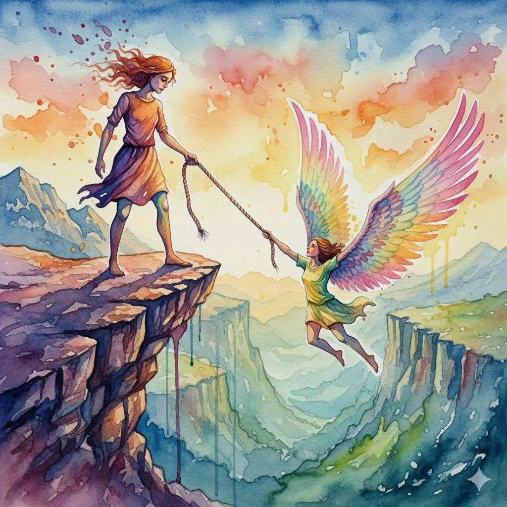 Eine Person lässt eine andere los, die daraufhin selbst Flügel entwickelt und fliegt. Symbol dafür, dass Loslassen dem anderen die Chance gibt, eigene Stärke zu entwickeln.