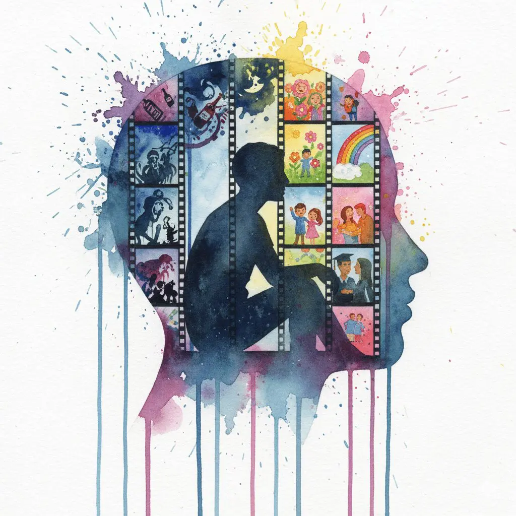 Eine Person, gefangen in einem Gefängnis aus Filmstreifen, die Sucht und falsche Hoffnung zeigen. Symbol für das mentale Gefängnis von Angehörigen.