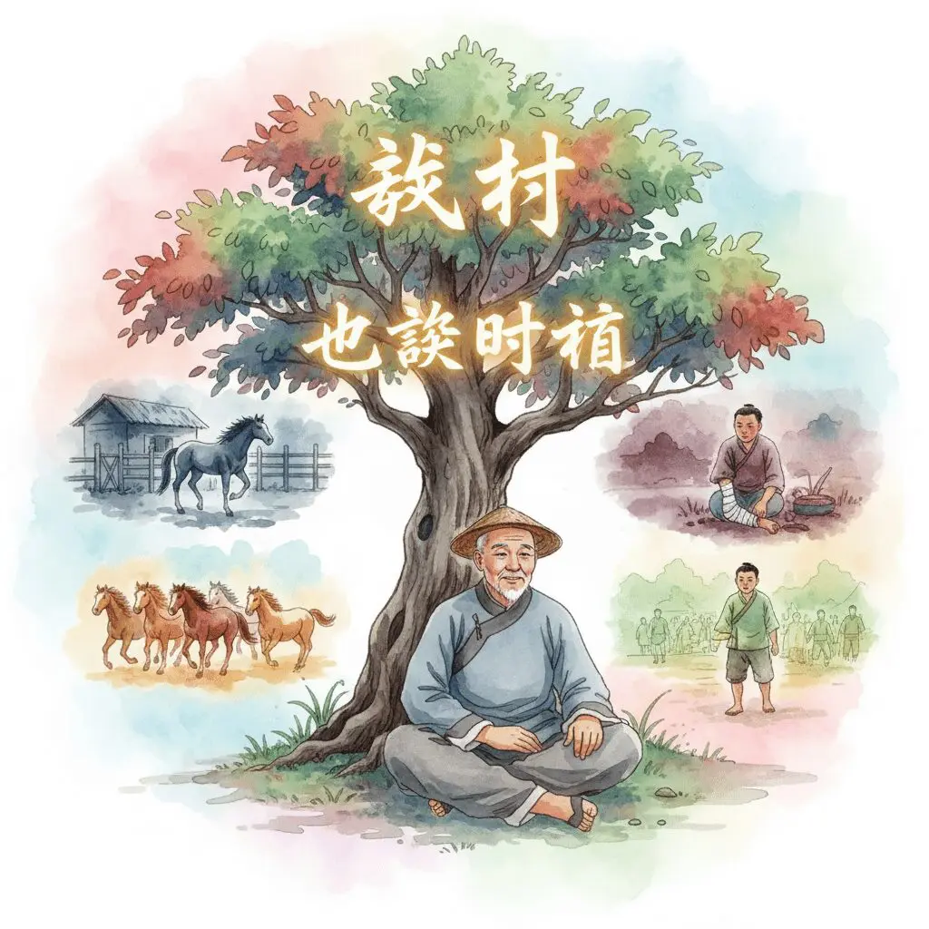 Eine Watercolor-Zeichnung des weisen chinesischen Bauern, der Glück und Pech mit "Mag sein" akzeptiert – Symbol für Urvertrauen.