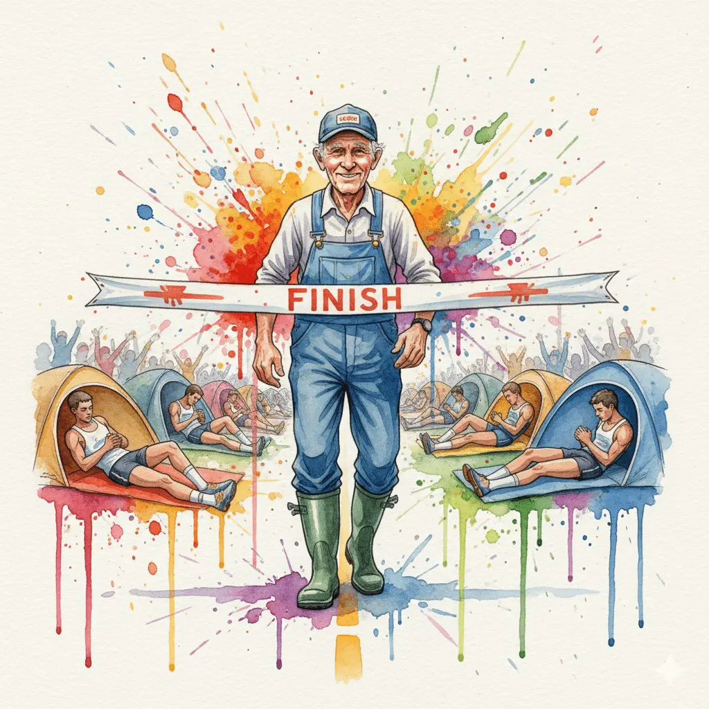 Eine Watercolor-Zeichnung von Cliff Young, dem Bauern, der den Ultramarathon gewinnt, weil er "nicht wusste, dass man schlafen soll" – Symbol für das Brechen limitierender Glaubenssätze.