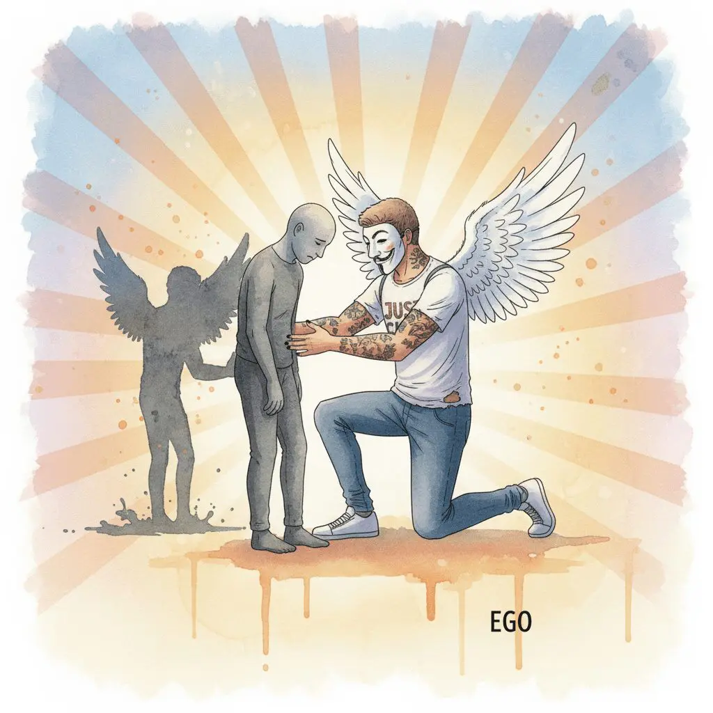 Die NeelixberliN-Figur (Watercolor) hilft einer anderen Person auf und besiegt dadurch ihr eigenes Ego (Schatten). Symbol für Dienen statt Nehmen.