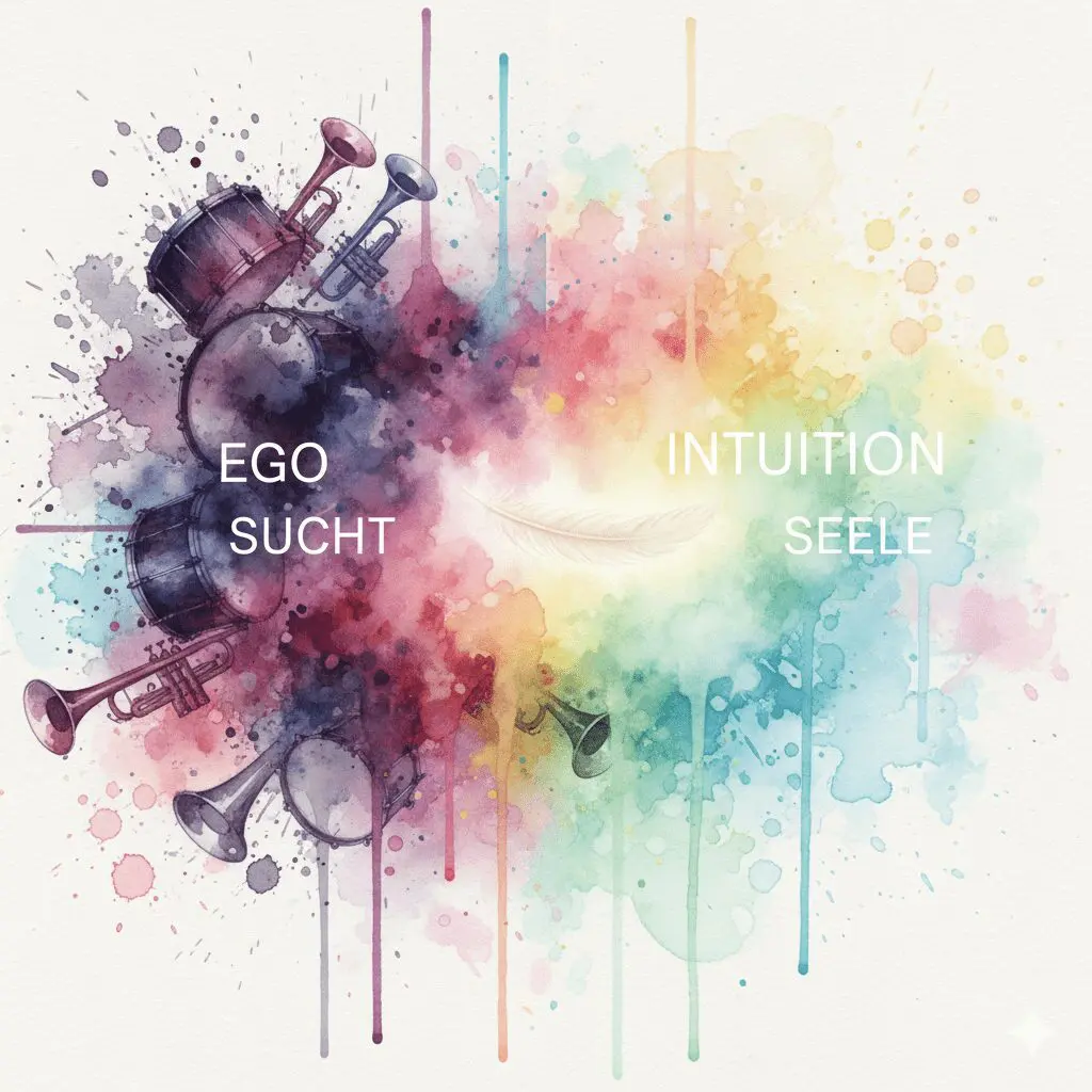 Ein Watercolor-Bild, das den Kontrast zwischen dem lauten Ego (Sucht) und der leisen Intuition (Seele/Feder) darstellt.