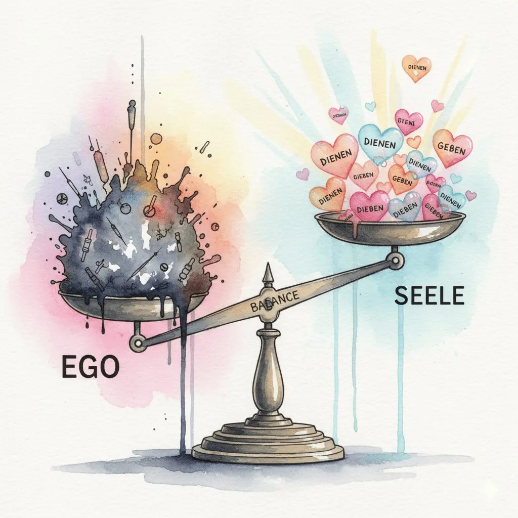 Eine Watercolor-Waage zeigt: Das Ego (Sucht/Nehmen) zieht nach unten, die Seele (Dienen/Geben) hebt nach oben.