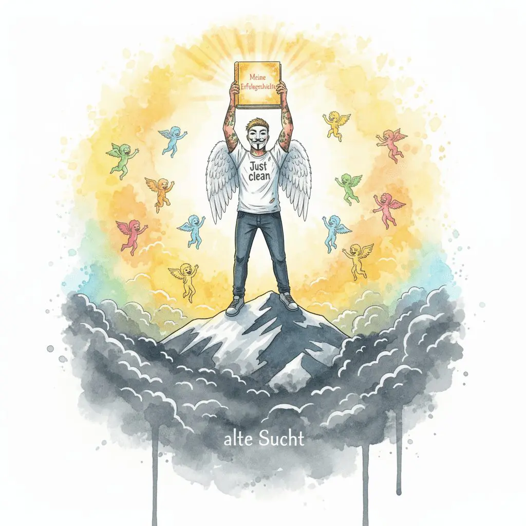 Die NeelixberliN-Figur (Watercolor) jubelt auf einem Berggipfel, nachdem sie durch Handeln und Disziplin ihre eigene Erfolgsgeschichte geschrieben hat.