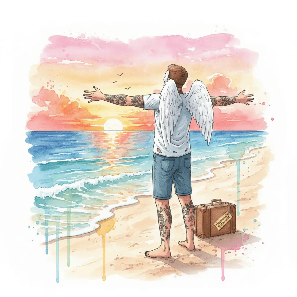 Die NeelixberliN-Figur (Watercolor) hat finanzielle Freiheit erreicht und genießt innere und äußere Freiheit am Meer.