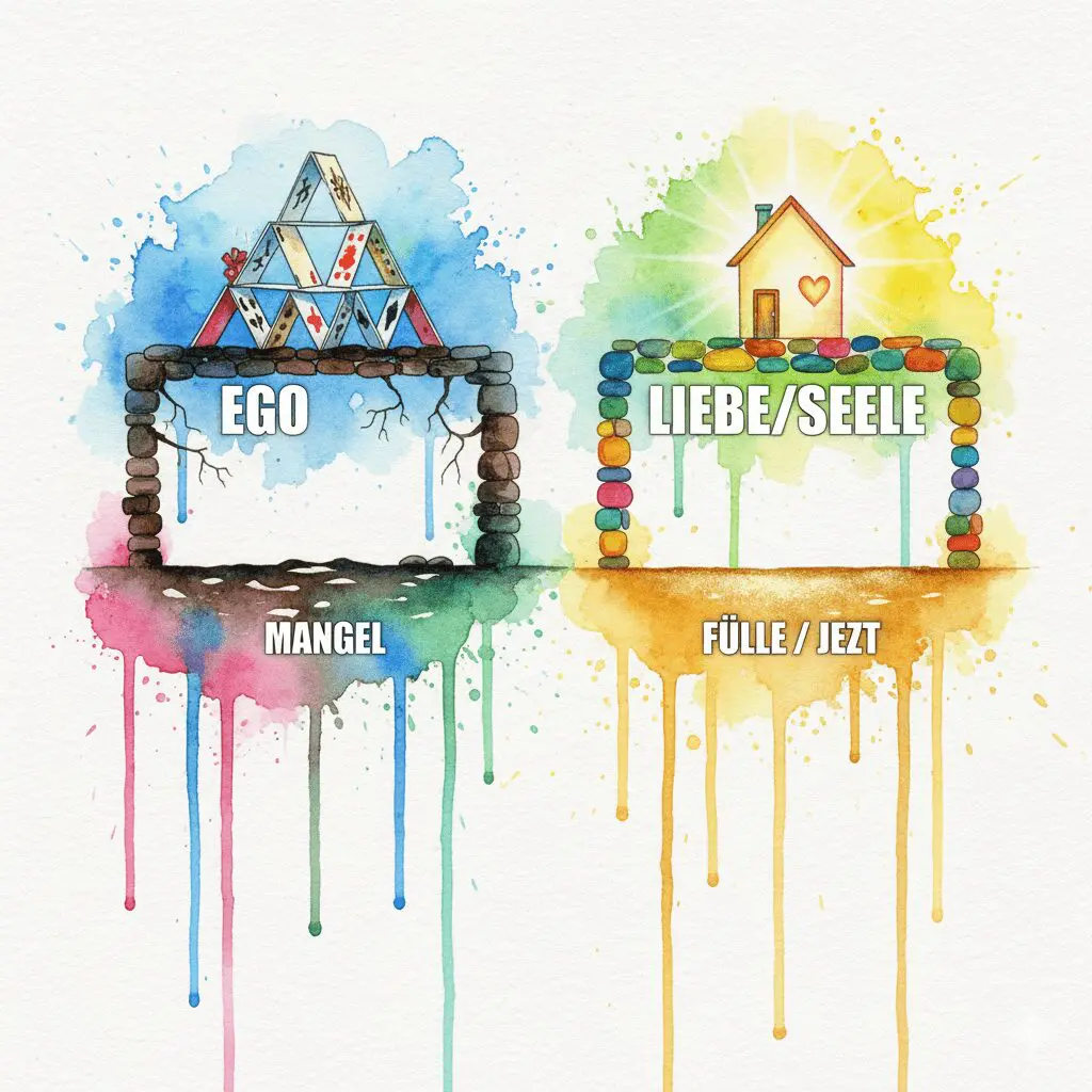 Ein Watercolor-Vergleich: Das wackelige Fundament des Egos (Sucht, Mangel) vs. das stabile Fundament der Liebe (Seele, Fülle).