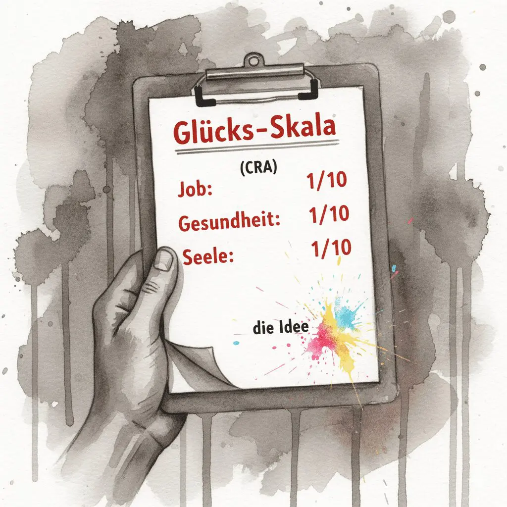 Eine Watercolor-Zeichnung der "Glücks-Skala" (CRA), die zeigt, wie die Einsicht in niedrige Lebenszufriedenheit (1/10) die erste Idee zur Veränderung zündet.