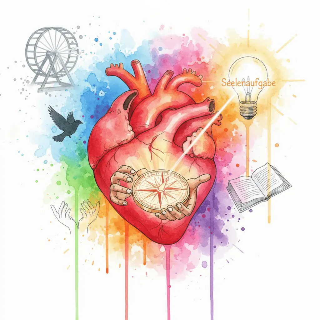 Ein Watercolor-Bild: Das Herz als innerer Kompass zeigt zur Seelenaufgabe, angetrieben von Selbstbestimmung, Lernen und Sinn.