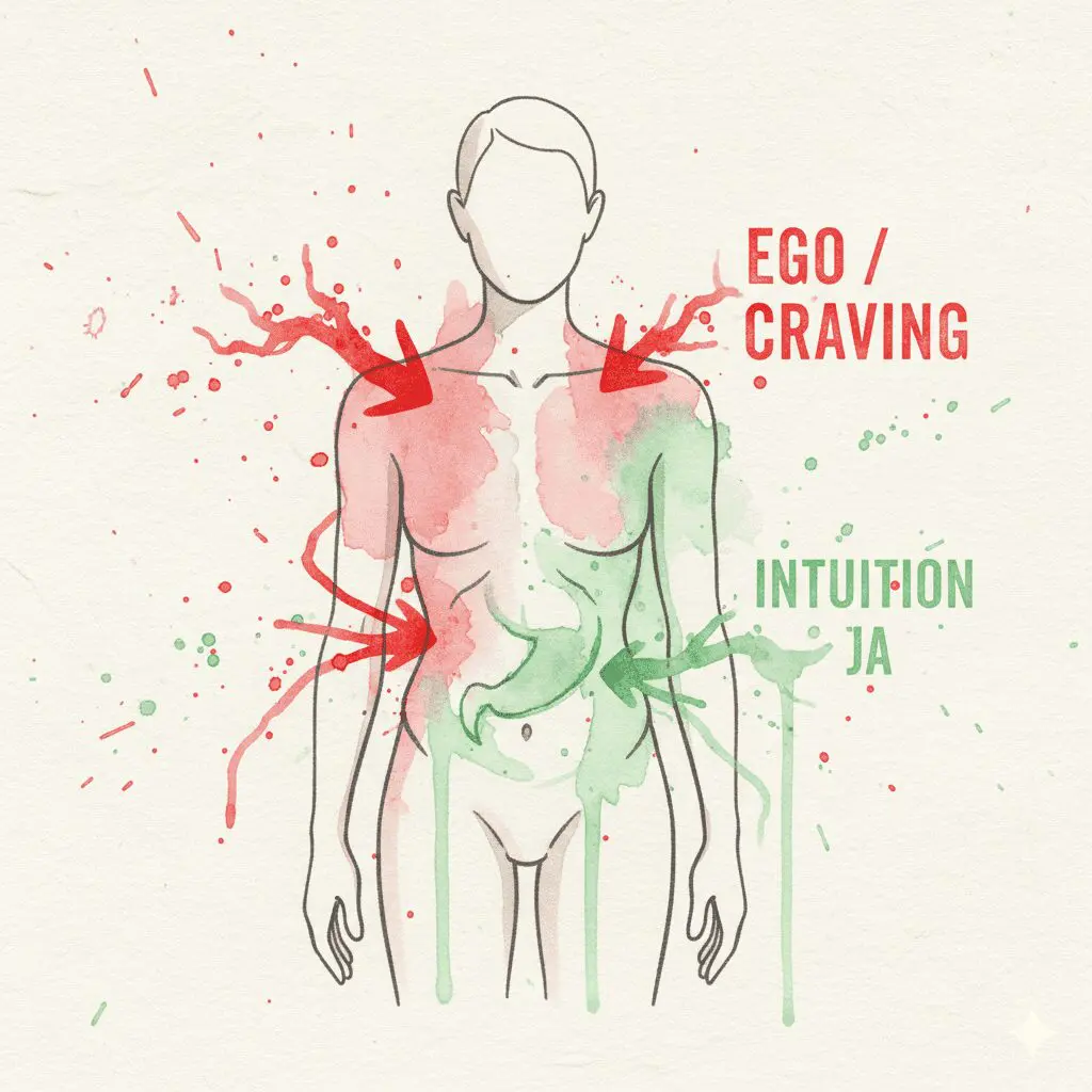 Eine Watercolor-Grafik, die zeigt, wie man Ego/Craving ("Enge") von Intuition ("Weite") anhand von Körpersignalen unterscheidet.