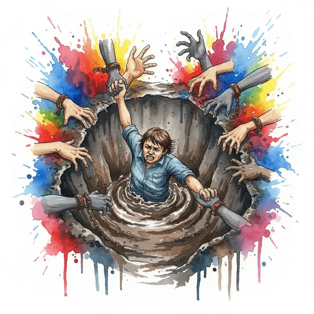 Eine Watercolor-Zeichnung, die zeigt, wie ein limitierendes Umfeld (Hände) eine Person in der Sucht (Schlammgraben) festhält.