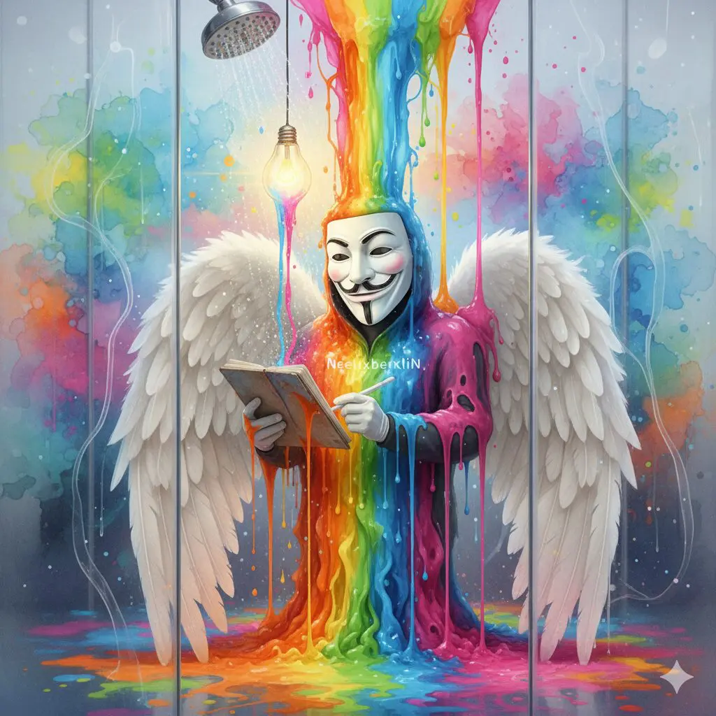 Die NeelixberliN-Figur (Watercolor) im "entspannten Zustand" (Dusche), wie sie eine "herausragende Idee" (Gamma-Welle) empfängt und notiert.