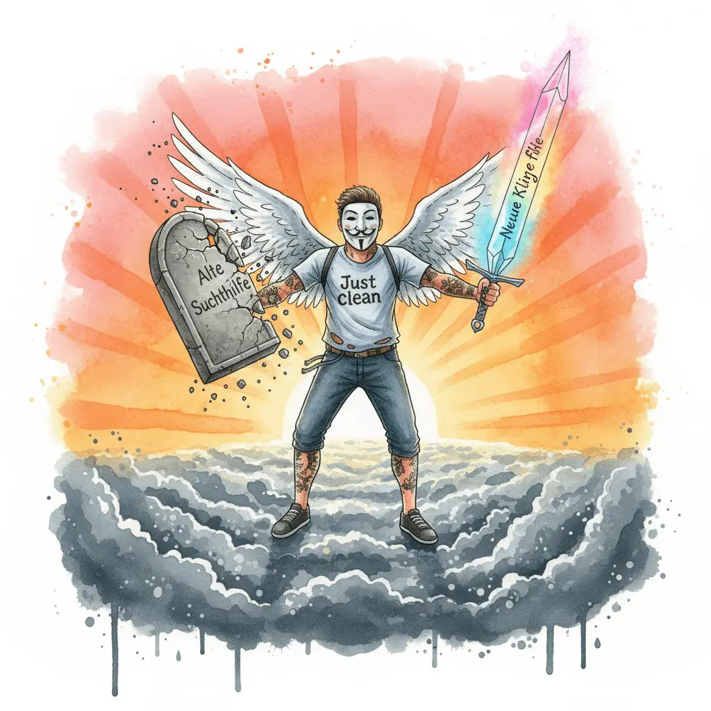 Die NeelixberliN-Figur (Watercolor) zerbricht alte Suchthilfe-Methoden und präsentiert eine neue, leuchtende Klinge (Vision).