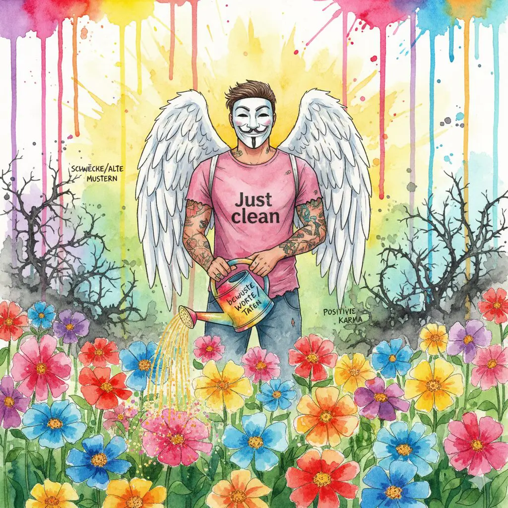 Die NeelixberliN-Figur (Watercolor) pflegt ihren Garten des positiven Karmas durch bewusste, liebevolle Worte und Taten.