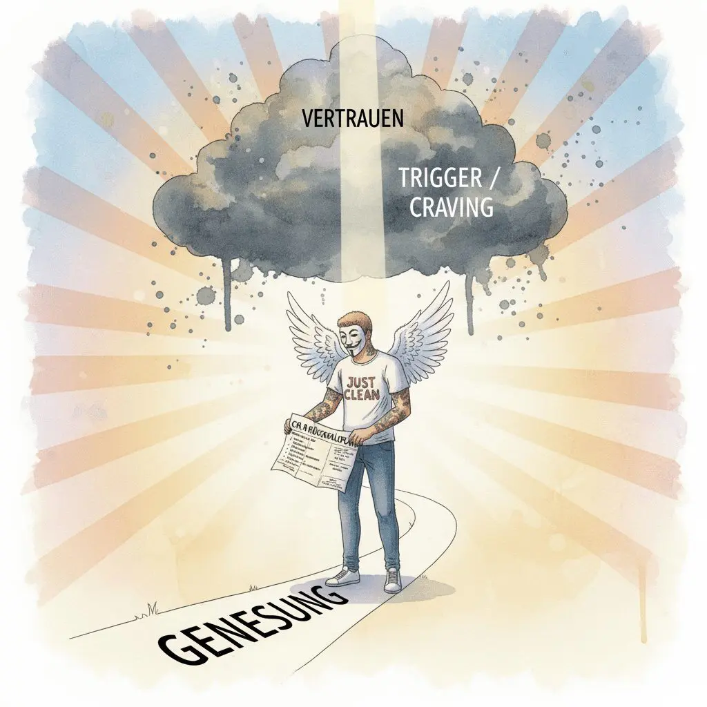 Eine Watercolor-Zeichnung: Eine Person auf dem Genesungsweg begegnet einem Trigger mit einem CRA-Rückfallplan und gewinnt Vertrauen.