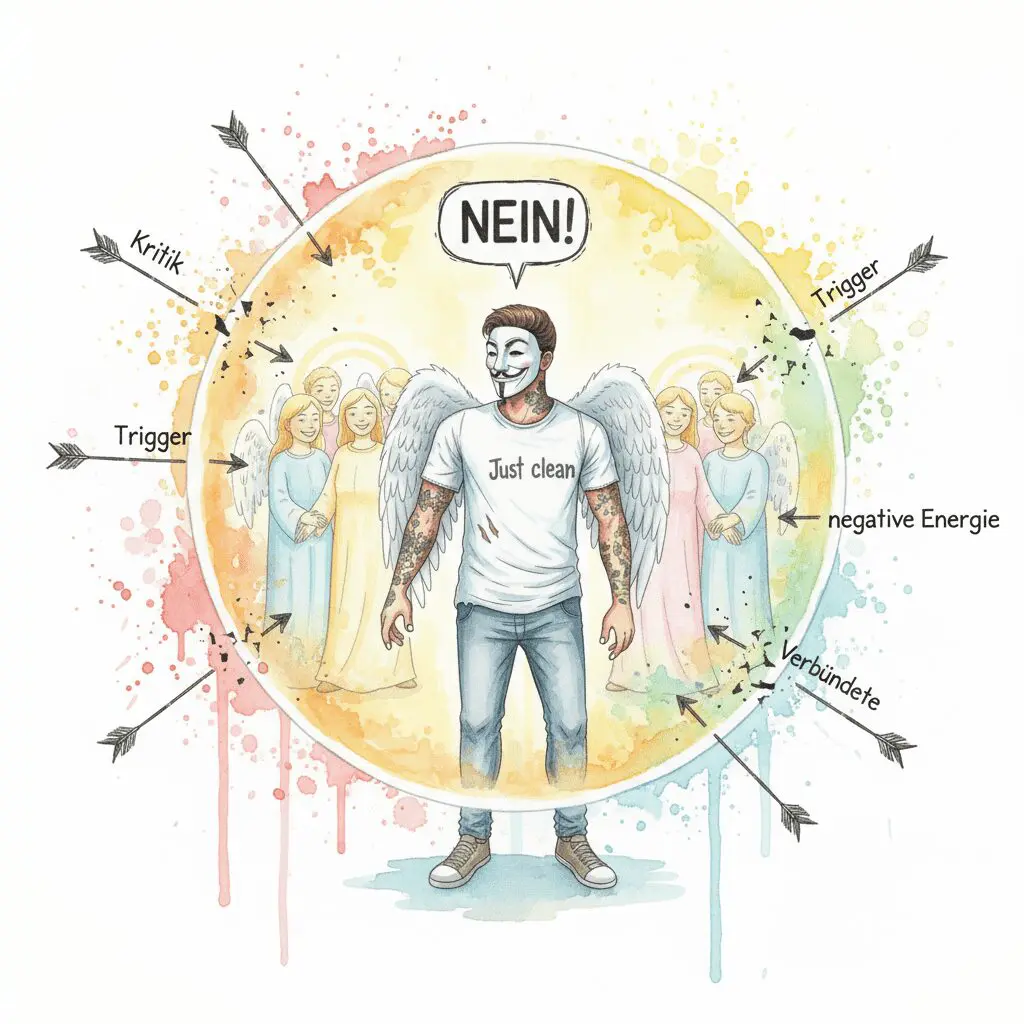 Die NeelixberliN-Figur (Watercolor) schützt sich durch Nein-Sagen (CRA) und ein positives Netzwerk (Verbündete) vor negativen Einflüssen.