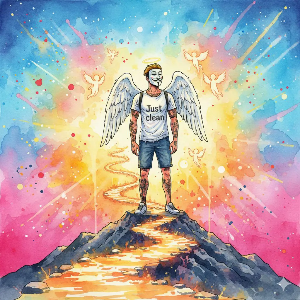 Die NeelixberliN-Figur (Watercolor) blickt auf ihren harten Weg durch die Sucht zurück, der nun golden leuchtet – Symbol für Stärke aus Schwäche.