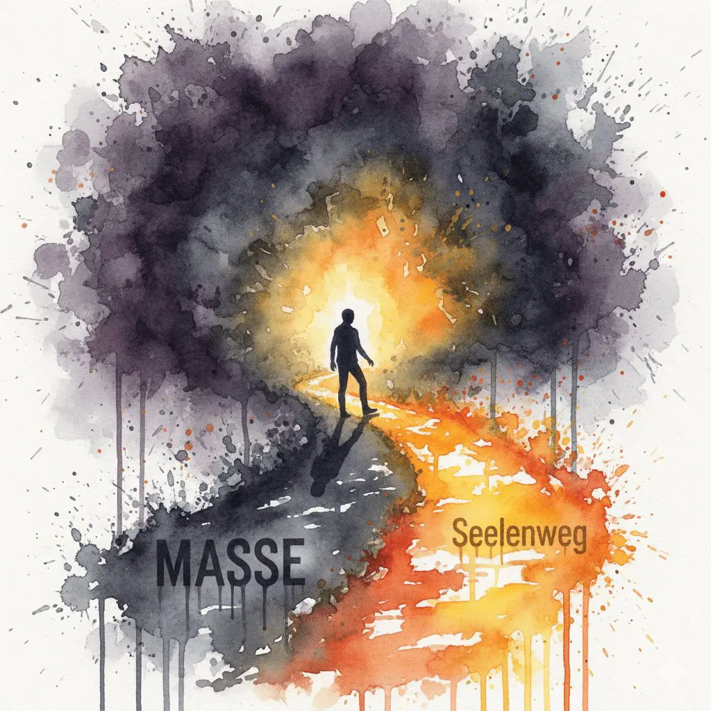 Eine Watercolor-Zeichnung einer Weggabelung: Ein dunkler Pfad der 'Masse' und ein leuchtender 'Seelenweg'. Eine Person macht den ersten Schritt auf den Seelenweg.