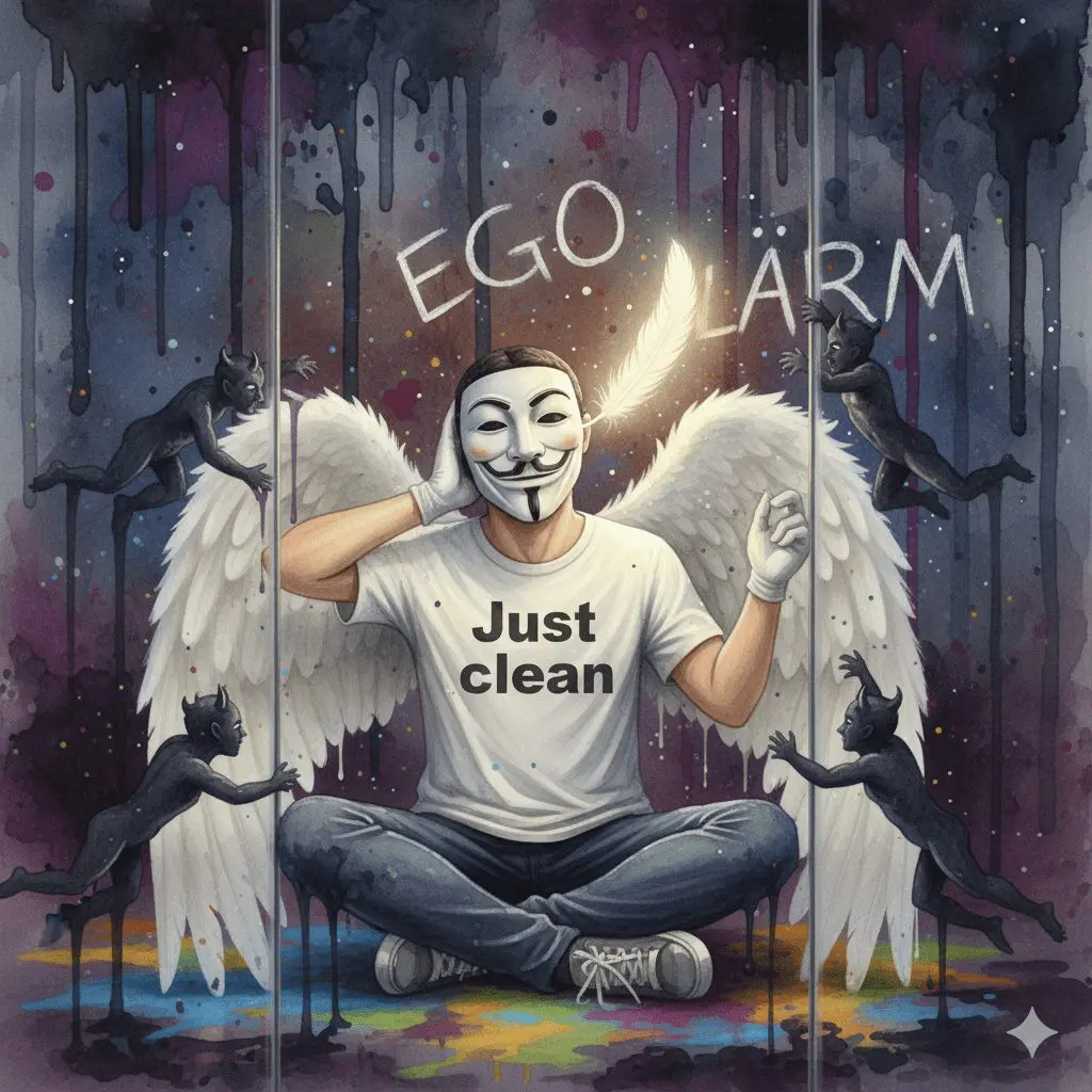 Die NeelixberliN-Figur (Watercolor) meditiert im Lärm der Sucht (Ego) und hört auf die leise Stimme der Intuition (Seele/Feder).