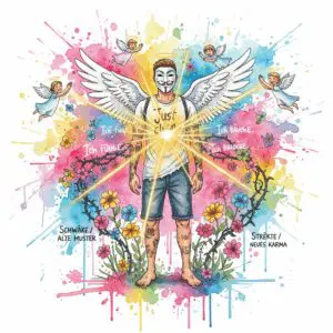 Die NeelixberliN-Figur (Watercolor) verwandelt durch ehrliche Kommunikation (Worte) ihre Schwäche (Dornen) in Stärke (Blumen) und schafft positives Karma.