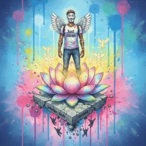 Die NeelixberliN-Figur (Watercolor) steht auf einer Lotusblume, die aus den Trümmern seiner Sucht (Schwäche) wächst – Symbol für Stärke aus Überwindung.