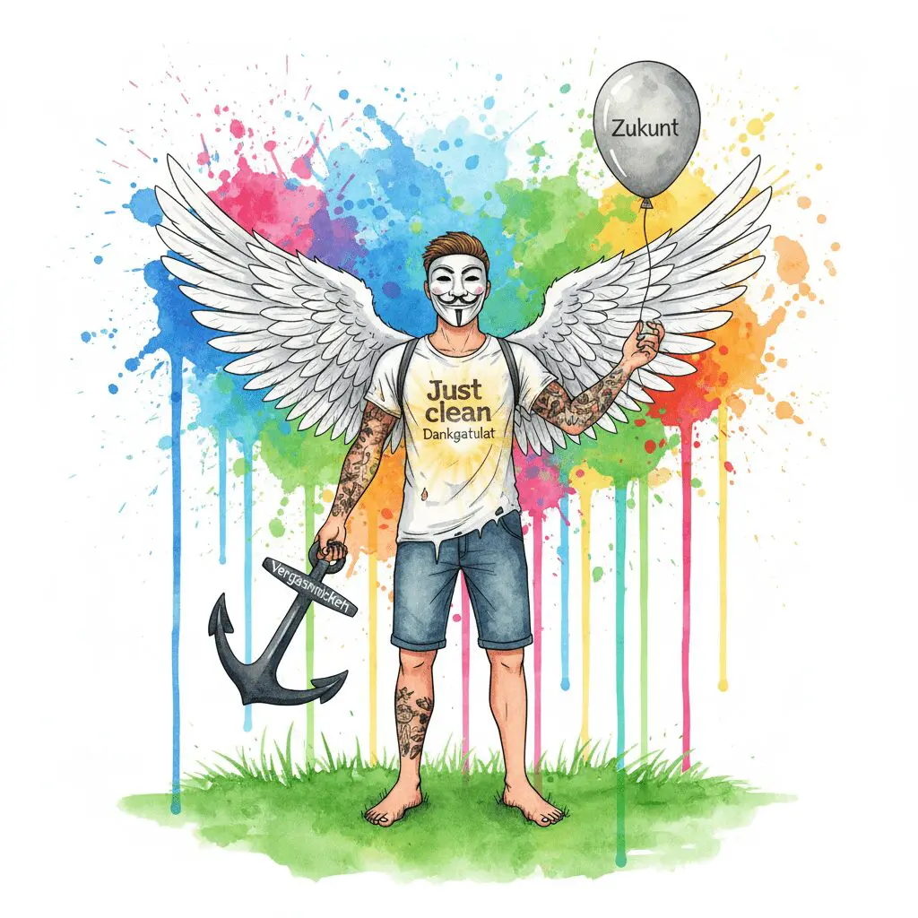 Die NeelixberliN-Figur (Watercolor) lässt Vergangenheit (Anker) und Zukunft (Ballon) los, um im Jetzt anzukommen und Dankbarkeit zu fühlen.