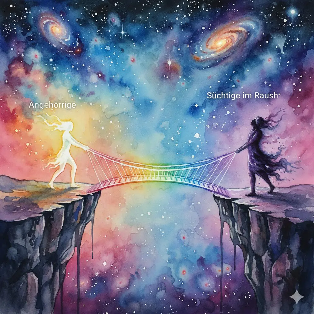 Eine Person zieht eine leuchtende Brücke ein, um einer dunklen Gestalt den Weg abzuschneiden. Symbol für den liebevollen Belohnungsentzug in der CRAFT-Methode.