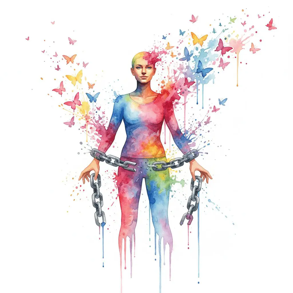 Eine Person mit gesprengten Ketten, aus denen Schmetterlinge fliegen. Symbol für die Befreiung von der Co-Abhängigkeit durch das CRAFT-Mindset.