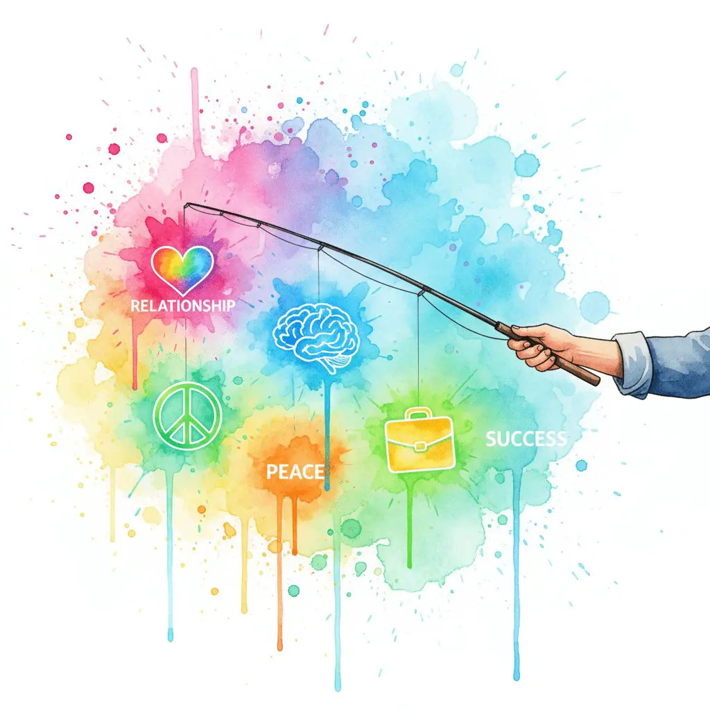 Eine Angel mit attraktiven Symbolen als Köder. Symbol für die motivationalen Haken der CRAFT-Methode, um jemanden für eine Therapie zu interessieren.