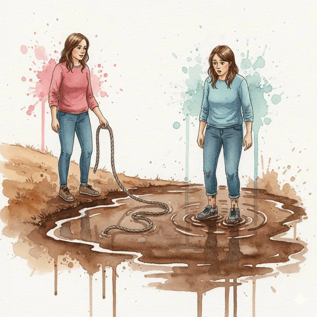 Eine Person lässt ein Seil los, damit eine andere in einer Pfütze landet. Symbol für das Zulassen natürlicher Konsequenzen nach der CRAFT-Methode.