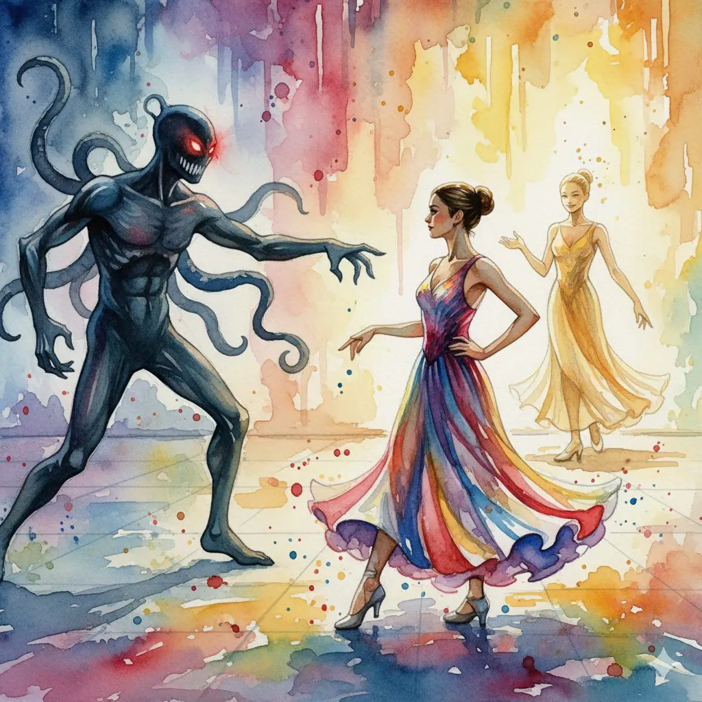 Eine Tänzerin lehnt den Tanz mit einem Schatten ab. Symbol dafür, nicht länger mit der Sucht zu interagieren.