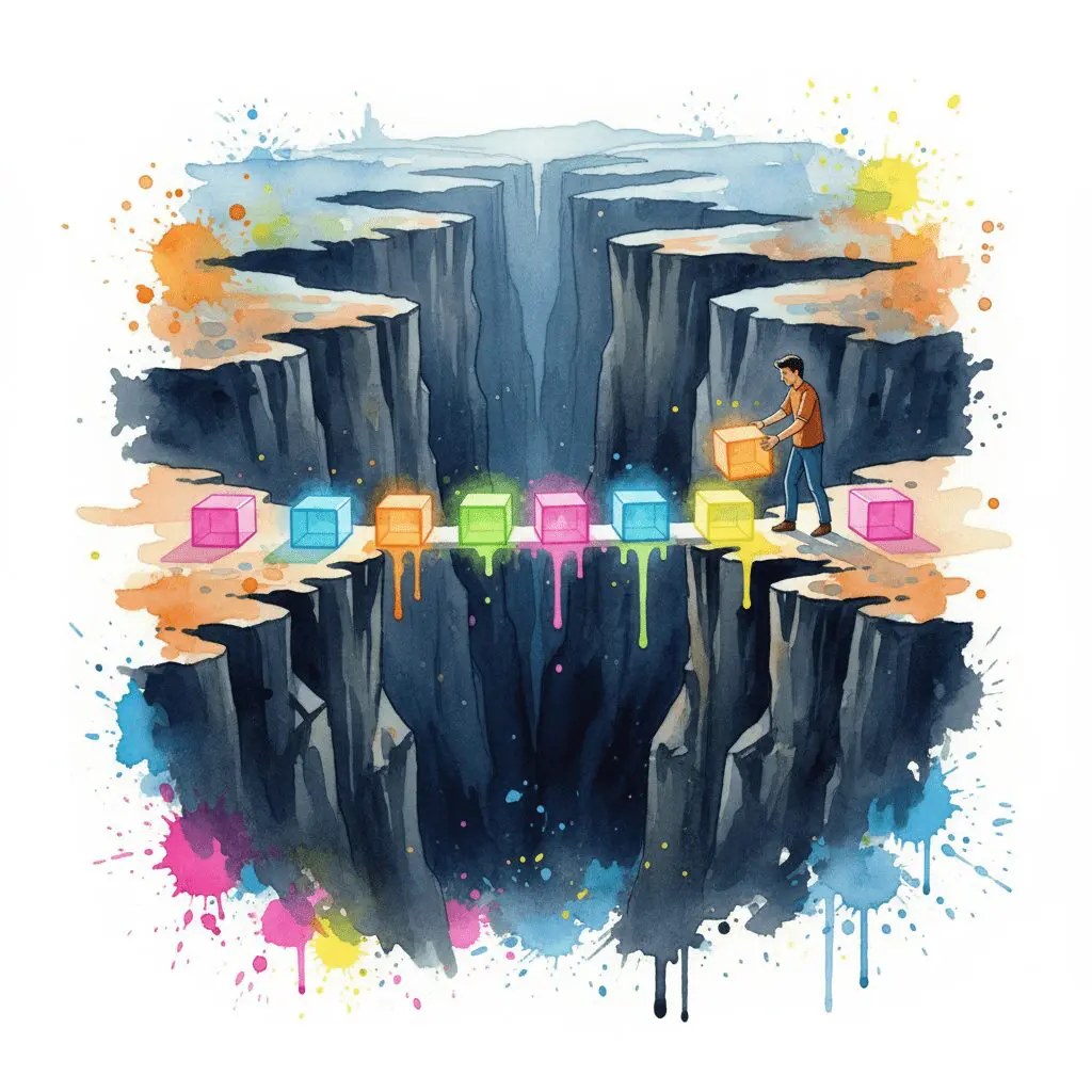 Eine Person baut Schritt für Schritt eine Brücke über eine Schlucht. Symbol dafür, große Probleme in kleine, lösbare Schritte zu zerlegen.