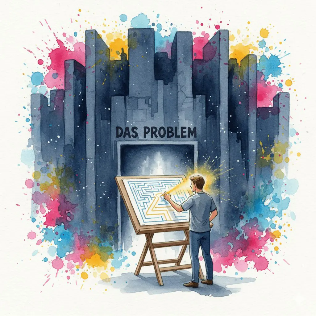 Eine Person zeichnet eine Karte, um durch ein Labyrinth zu kommen. Symbol für die Planung und Strategie des strukturierten Problemlösens.