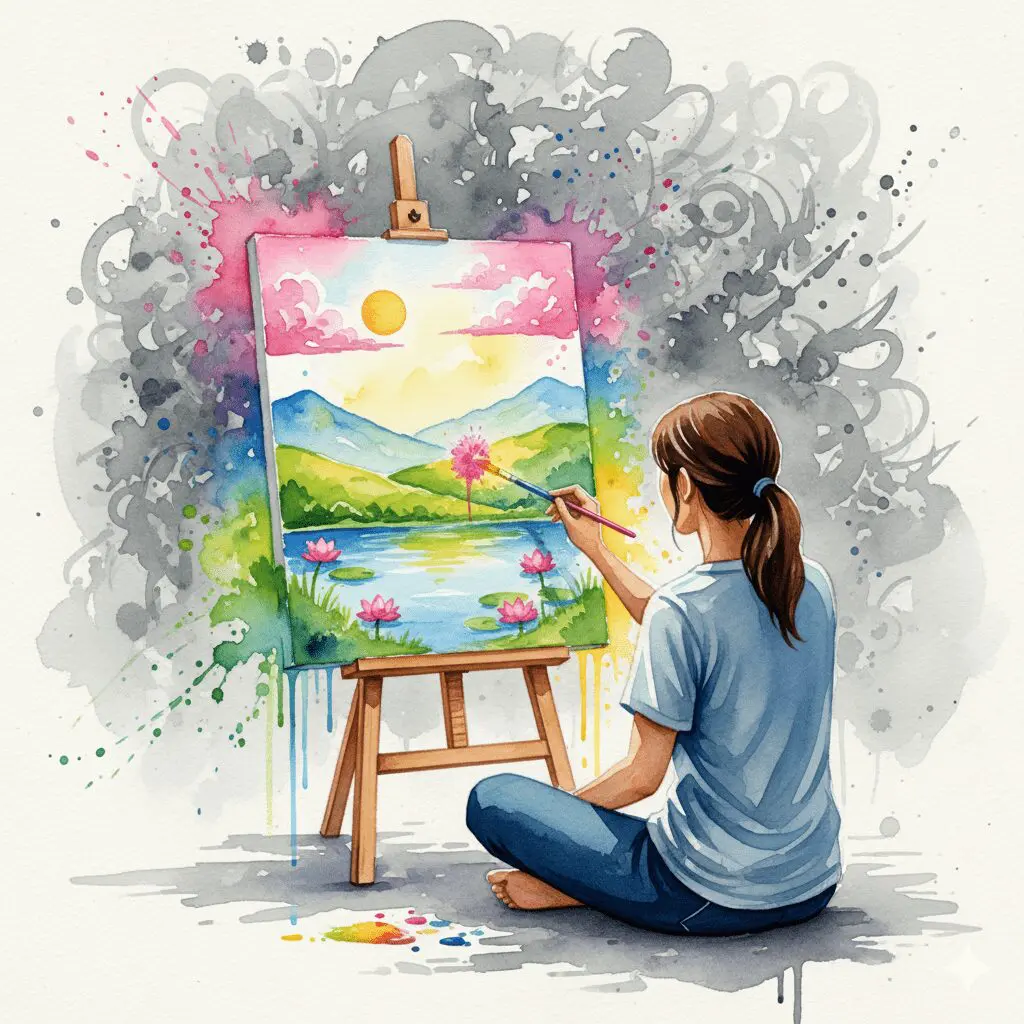 Eine Person malt ihre eigene bunte Welt und ignoriert das Chaos hinter sich. Symbol für die radikale Selbstfürsorge und das Setzen eigener Ziele.