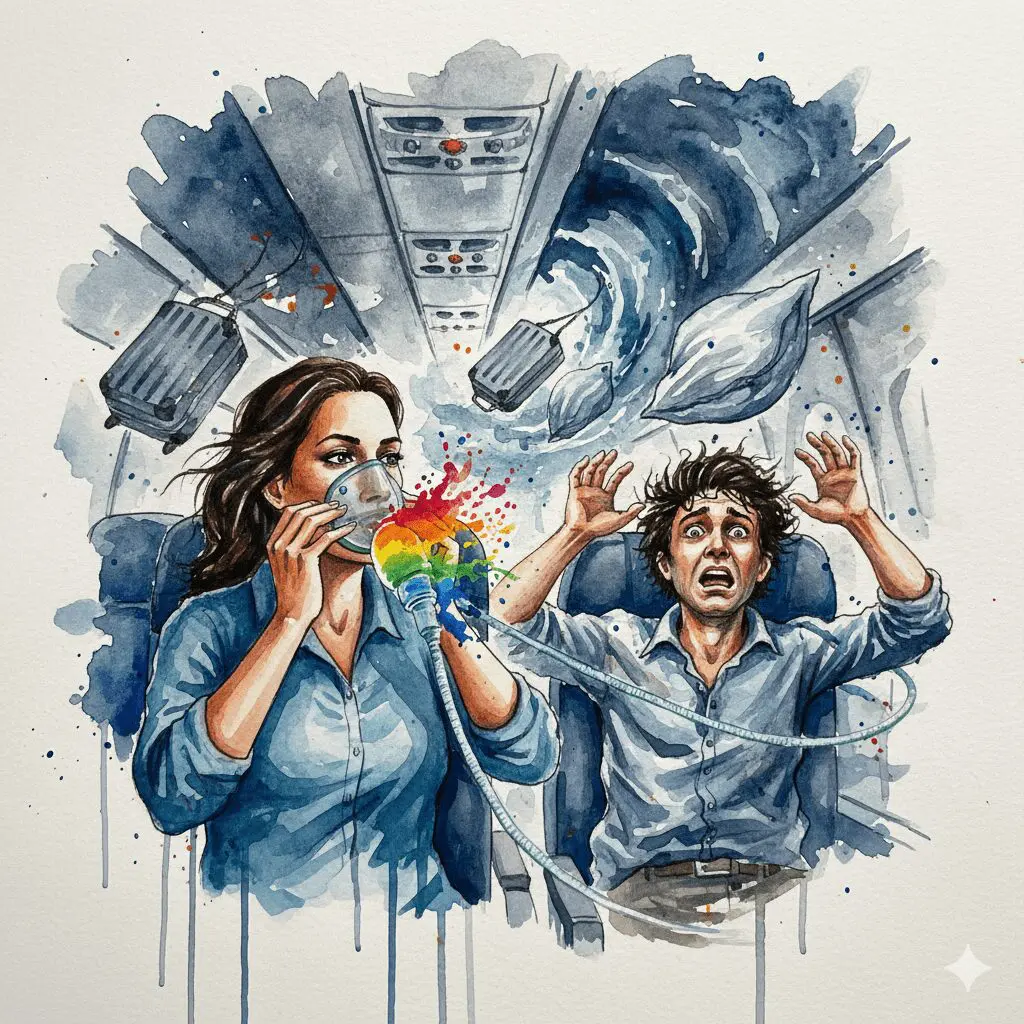 Eine Person setzt sich im Flugzeug zuerst selbst die Sauerstoffmaske auf. Symbol für die lebensrettende Notwendigkeit der Selbstfürsorge für Angehörige.