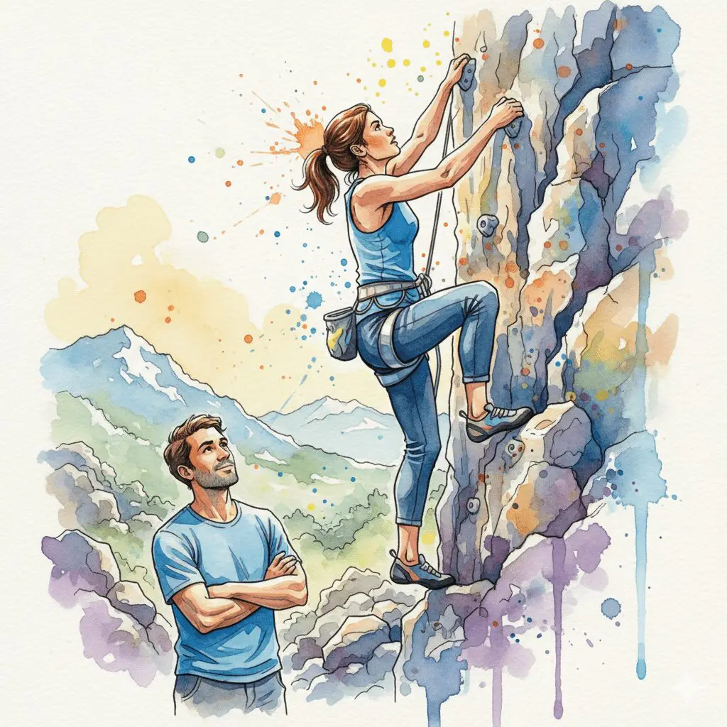 Eine Person beobachtet vertrauensvoll eine andere beim Klettern. Symbol dafür, dem Süchtigen zu vertrauen, dass er seine eigenen Herausforderungen meistert.