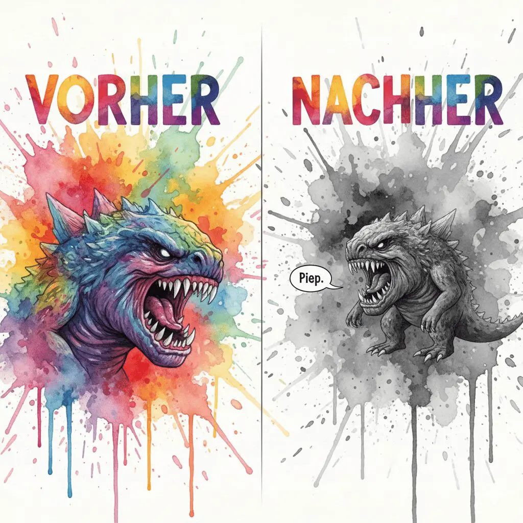 Vorher-Nachher-Vergleich: Ein großes, lautes Monster wird zu einem kleinen, leisen. Symbol für die Entmachtung einer schlimmen Erinnerung durch NLP.