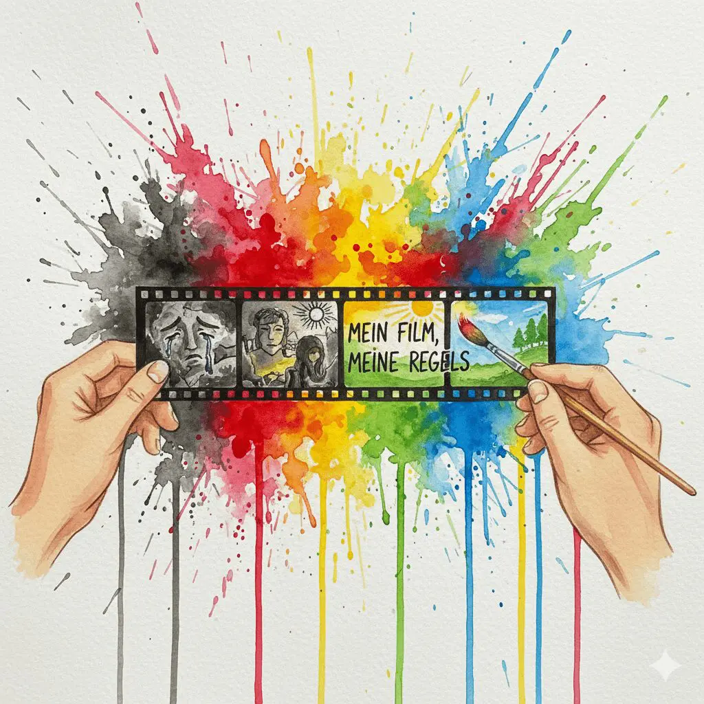 Eine Person, die ihren eigenen, traurigen Lebens-Film mit bunten, hoffnungsvollen Farben übermalt, als Symbol für die Selbstbestimmung in der Recovery.