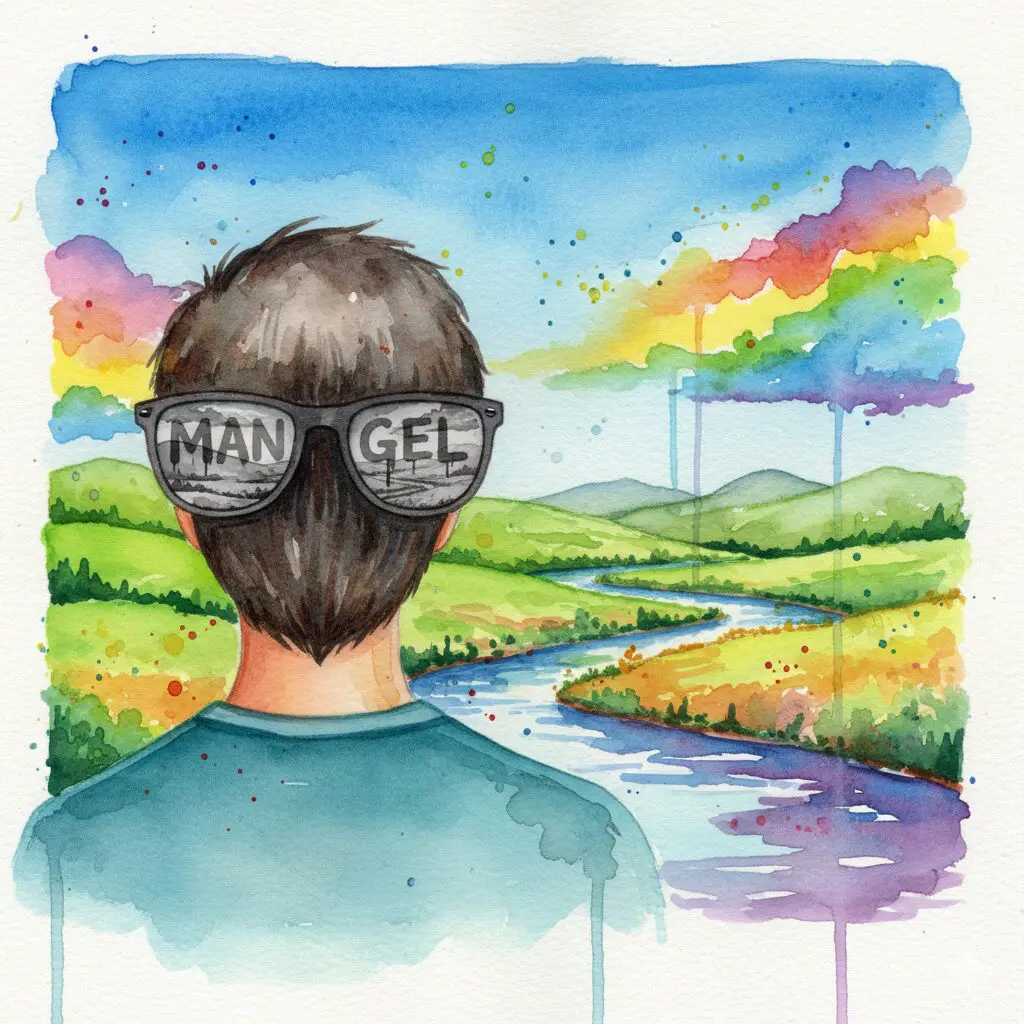 Eine Person, die durch eine "Mangel"-Brille blickt und eine bunte Welt nur grau sieht. Symbol für den Negativitäts-Bias des Suchthirns.