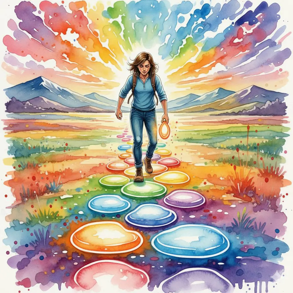 Eine Person, die ihren eigenen, bunten Weg Stein für Stein baut, als Symbol für einen selbstbestimmten und individuellen Genesungsweg.