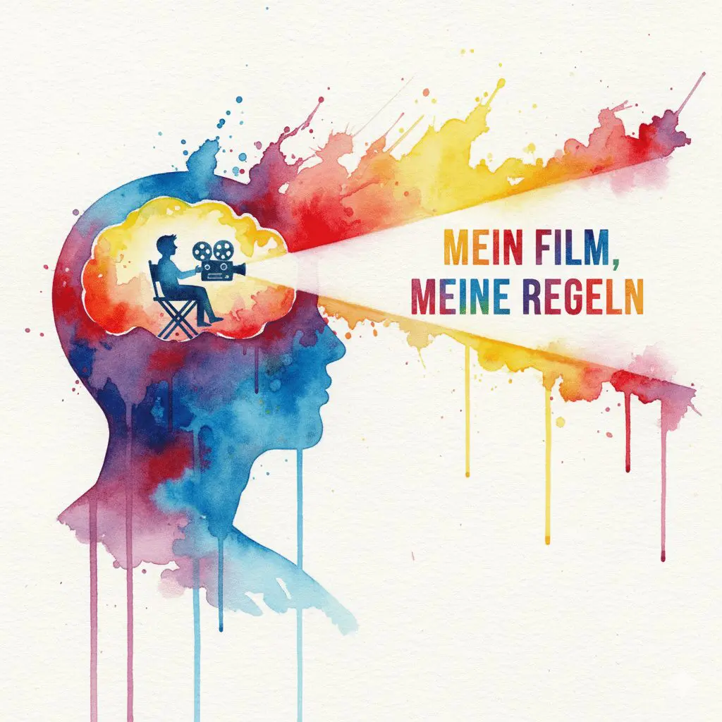 Eine Figur im Gehirn, die als Regisseur einen hoffnungsvollen Film projiziert. Symbol für die aktive Gestaltung der Zukunft durch Visualisierung.